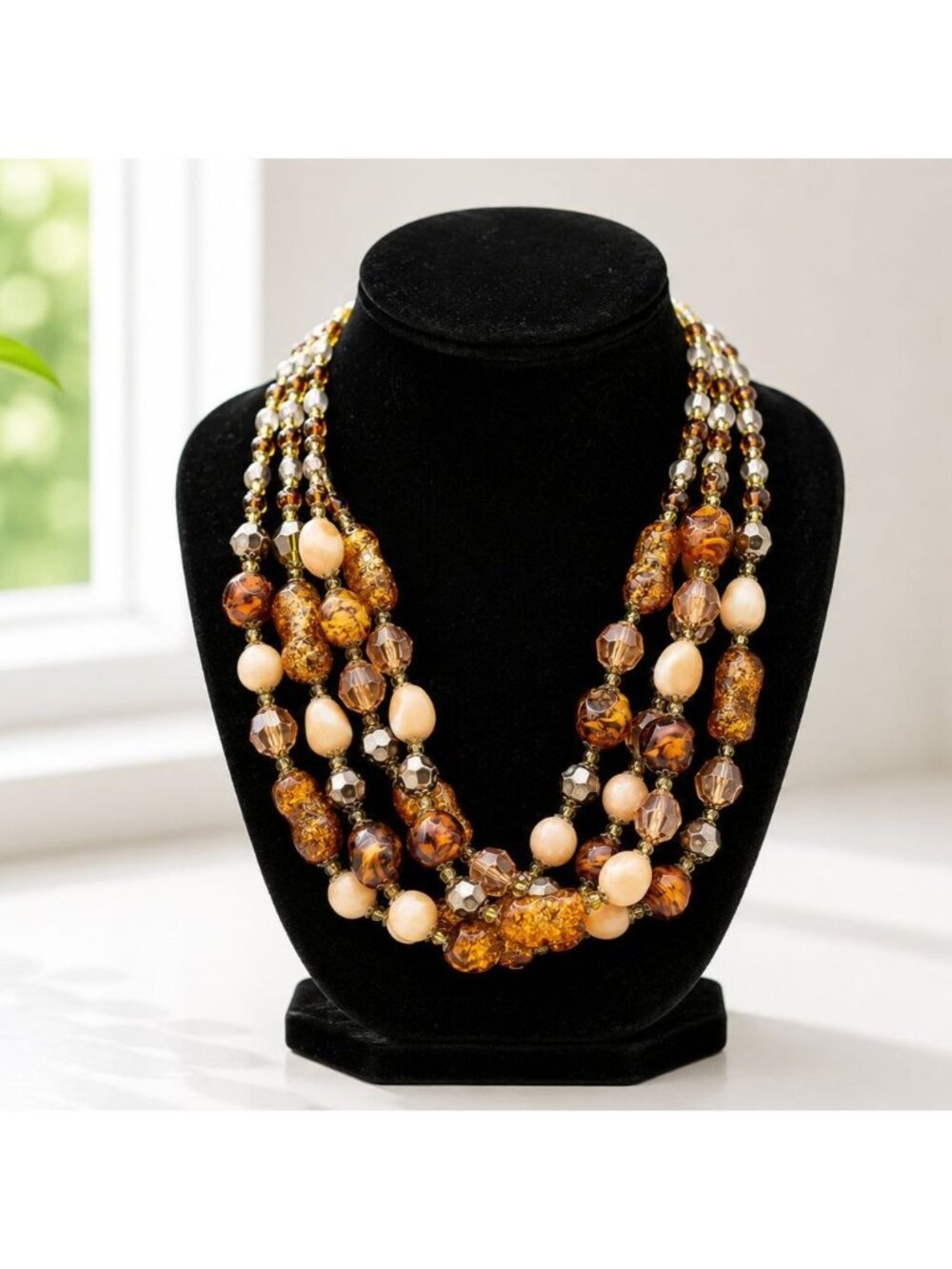 Multi-Strand MCM Amber & Gold-Tone Beaded Necklace With Decorative Clasp
